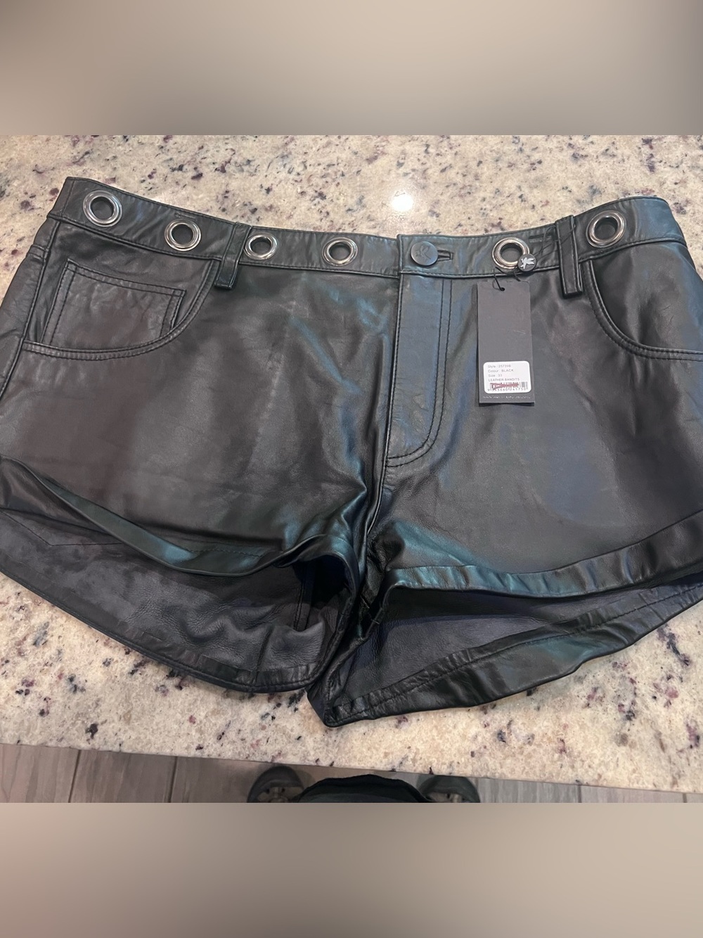 One Teaspoon Black Leather Grommet Detail Shorts